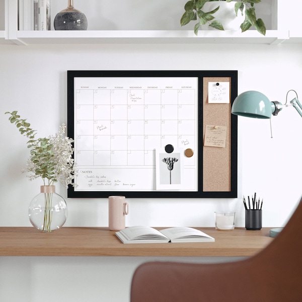 Martha Stewart Everette 24in.x18in. Magnetic Dry Erase Calendar and Crk Board Combo w/Mrkr, Mgnts, and Psh Pns, Blk BR-PM-COM-MW4C1-4561-BK-MS - main